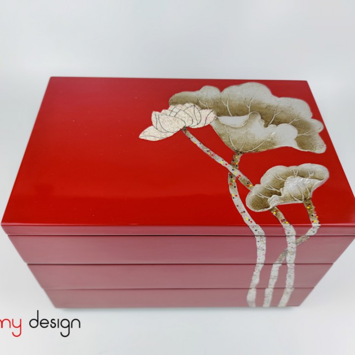 3 tier square box hand-painted with lotus 20*30cm